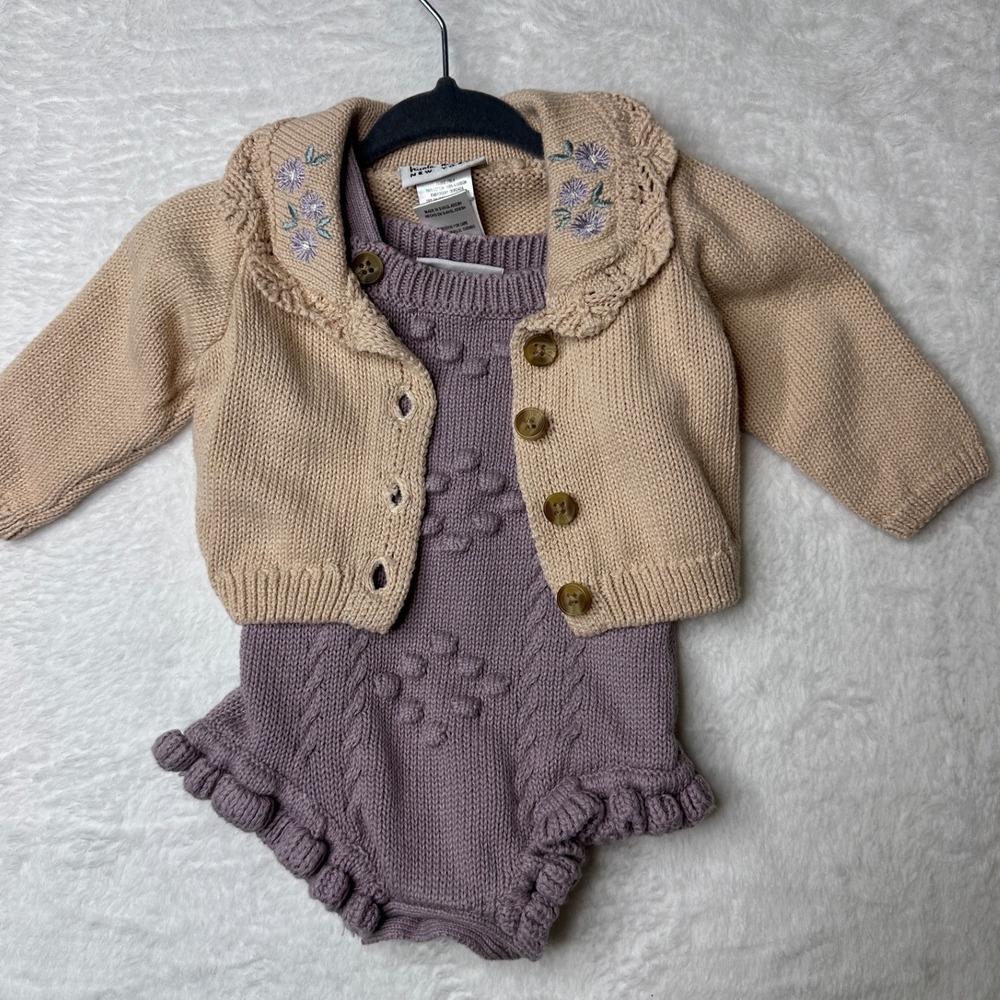 Nicole Miller Knit Cardigan Romper Set Girl 0-3M Tan Purple Floral Ruffle 2pc